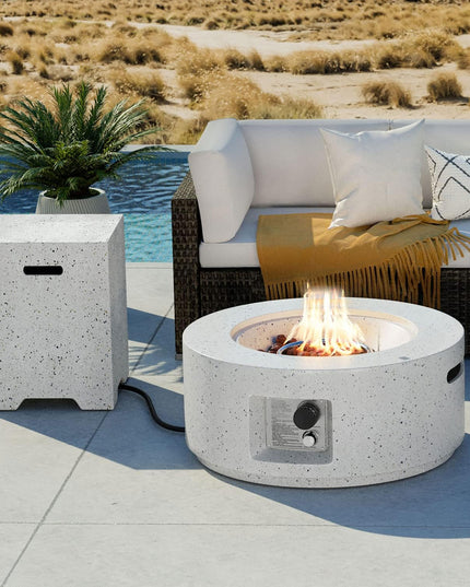2-Piece Outdoor Fire Pit Table Set W Tank Table, 28" Terrazzo round Fire Table (Certified, 40,000 BTU) W 16" Tank Cover Side Table 20Lb, Waterproof Cover for Garden, Pool, Backyard