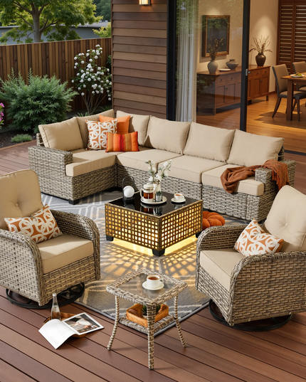 9 Pieces Patio Furniture Set outside Furniture Wicker Patio Conversation Set with Swivel Chairs, Outdoor Furniture for Garden, Beige
