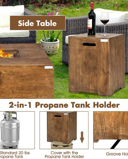 2 Pieces Outdoor Propane Fire Pit Table Set, Patiojoy 48 Inch Rustic 50,000 BTU Rectangular Gas Fire Pit Table with 20 Lbs Tank Side Table, Lava Rocks, Cover for Patio, Garden, Yard