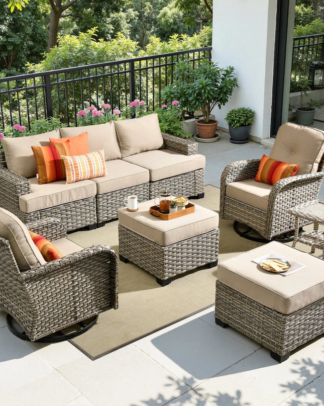 8 Pieces Patio Furniture Set, All Weather Wicker Patio Conversation Set with Swivel Chairs, Outdoor Furniture with Ottoman for Garden, Beige
