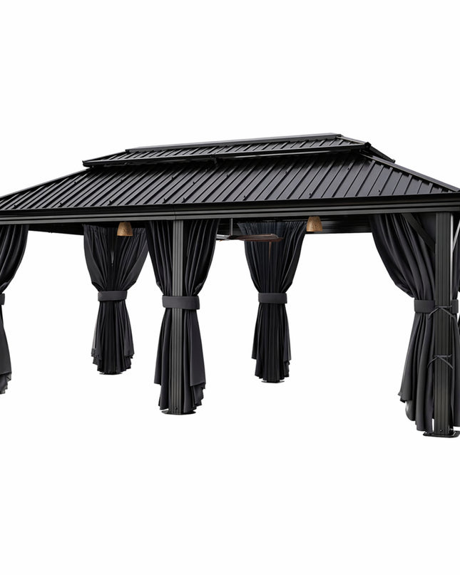 12×20 Hardtop Gazebo with Metal Roof, Heavy Duty Galvanized Steel Gazebo with Reinforced Aluminum Frame, Flame-Resistant Curtain