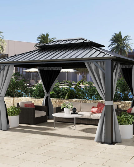 10X12Ft Hardtop Gazebo Double Roof with Nettings and Curtains
