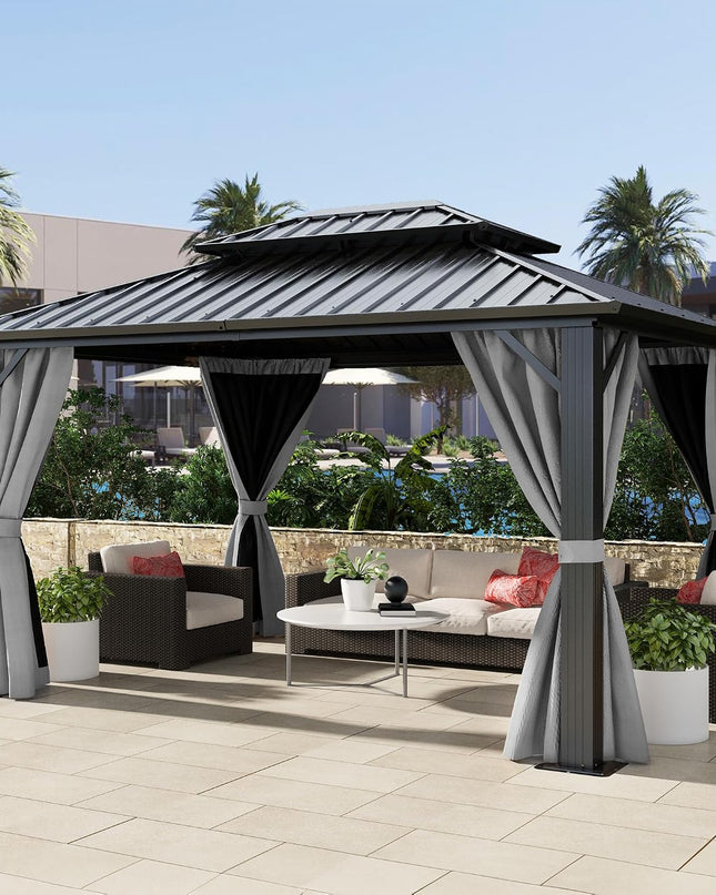 10X12Ft Hardtop Gazebo Double Roof with Nettings and Curtains