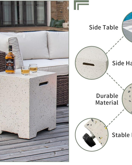 2-Piece Outdoor Fire Pit Table Set W Tank Table, 28" Terrazzo round Fire Table (Certified, 40,000 BTU) W 16" Tank Cover Side Table 20Lb, Waterproof Cover for Garden, Pool, Backyard