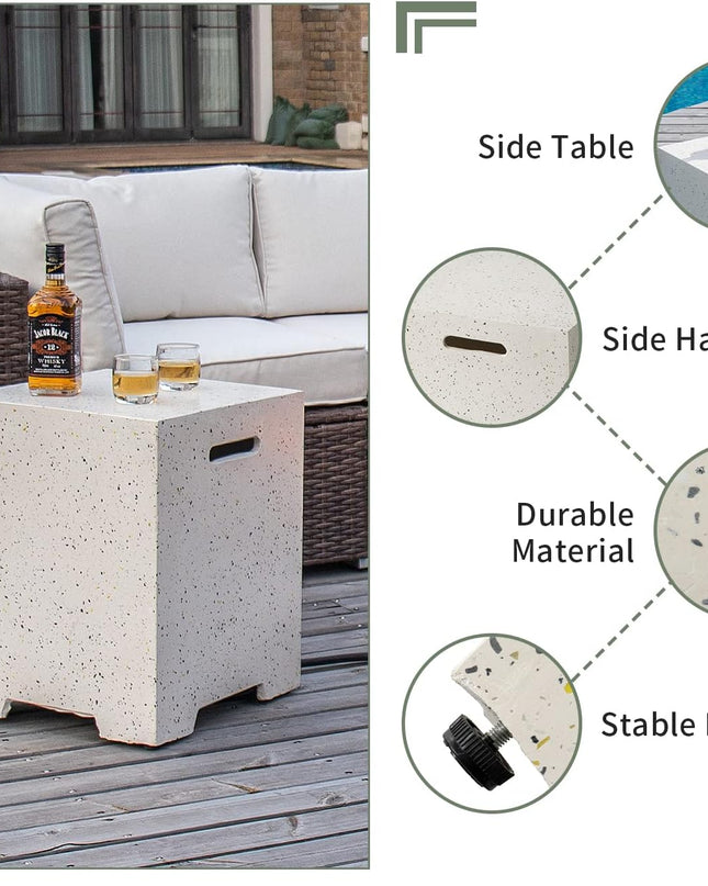 2-Piece Outdoor Fire Pit Table Set W Tank Table, 28" Terrazzo round Fire Table (Certified, 40,000 BTU) W 16" Tank Cover Side Table 20Lb, Waterproof Cover for Garden, Pool, Backyard