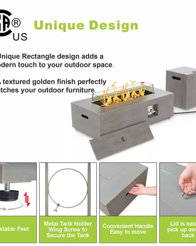 50000 BTU Coating Steel Propane Fire Pit Table in Gray Rectangular Modern Outdoor Gas Fire Table with Tank Holder