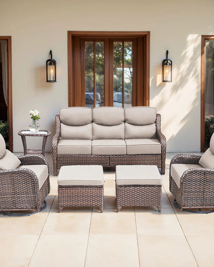Luxury 6 Pieces Outdoor Patio Furniture Set with Swivel Rocker Chairs 6-Inch Extra Thick Cushions,Sofa Coffee Table,Wicker Conversation Sets for Porch Deck Backyard Poolside