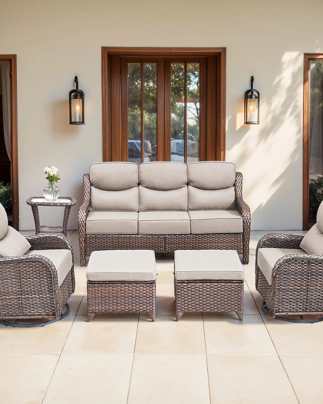 Luxury 6 Pieces Outdoor Patio Furniture Set with Swivel Rocker Chairs 6-Inch Extra Thick Cushions,Sofa Coffee Table,Wicker Conversation Sets for Porch Deck Backyard Poolside