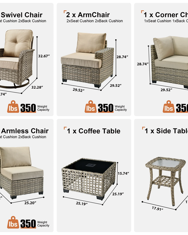 9 Pieces Patio Furniture Set outside Furniture Wicker Patio Conversation Set with Swivel Chairs, Outdoor Furniture for Garden, Beige