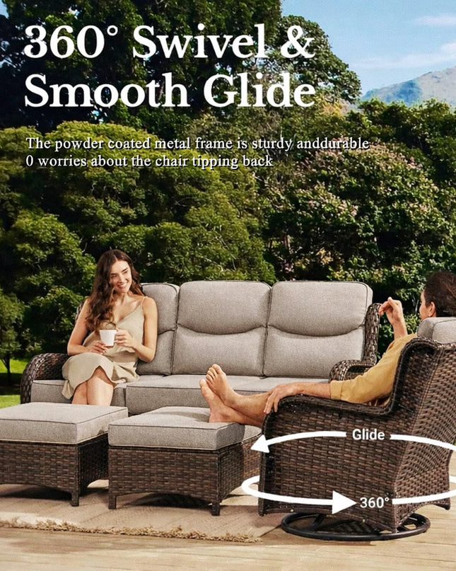 Luxury 6 Pieces Outdoor Patio Furniture Set with Swivel Rocker Chairs 6-Inch Extra Thick Cushions,Sofa Coffee Table,Wicker Conversation Sets for Porch Deck Backyard Poolside