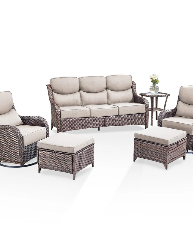 Luxury 6 Pieces Outdoor Patio Furniture Set with Swivel Rocker Chairs 6-Inch Extra Thick Cushions,Sofa Coffee Table,Wicker Conversation Sets for Porch Deck Backyard Poolside