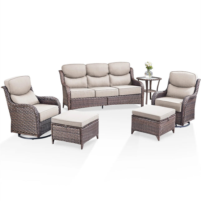 Luxury 6 Pieces Outdoor Patio Furniture Set with Swivel Rocker Chairs 6-Inch Extra Thick Cushions,Sofa Coffee Table,Wicker Conversation Sets for Porch Deck Backyard Poolside