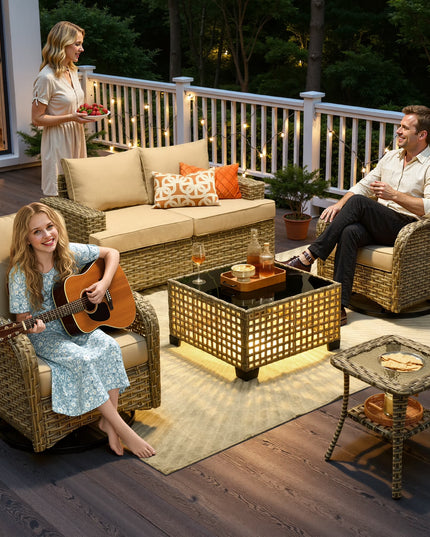 8 Pieces Patio Furniture Set, All Weather Wicker Patio Conversation Set with Swivel Chairs, Outdoor Furniture with Ottoman for Garden, Beige