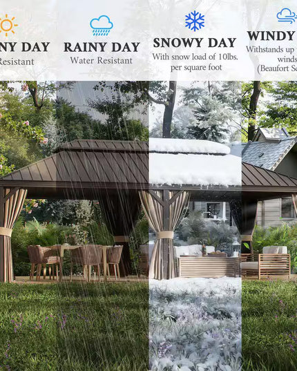 14 Ft. X 20 Ft. Double Galvanized Steel Roof Aluminum Frame Outdoor Patio Hardtop Gazebo with Netting and Curtains