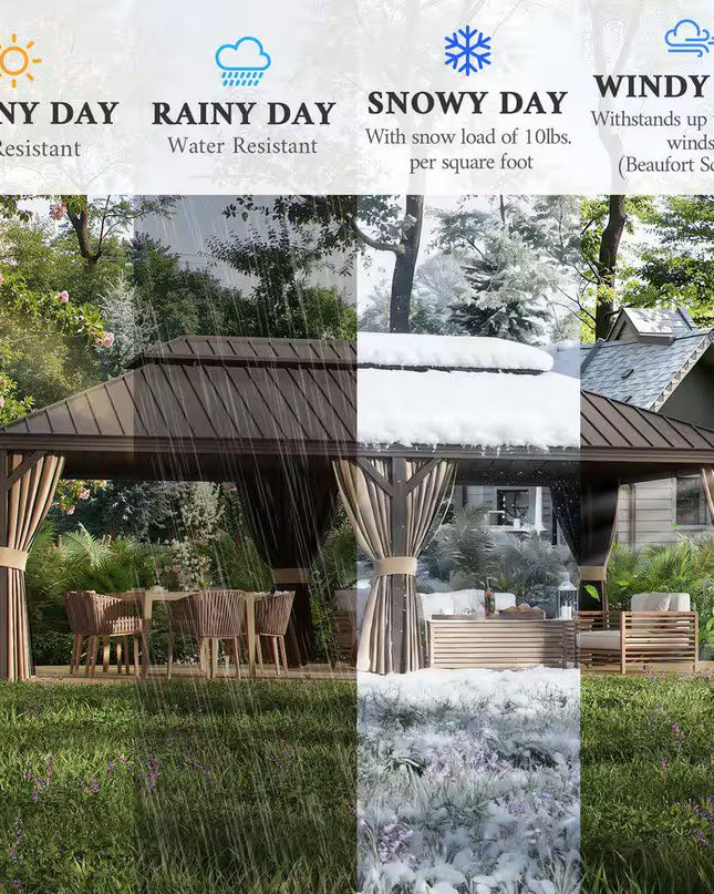 14 Ft. X 20 Ft. Double Galvanized Steel Roof Aluminum Frame Outdoor Patio Hardtop Gazebo with Netting and Curtains