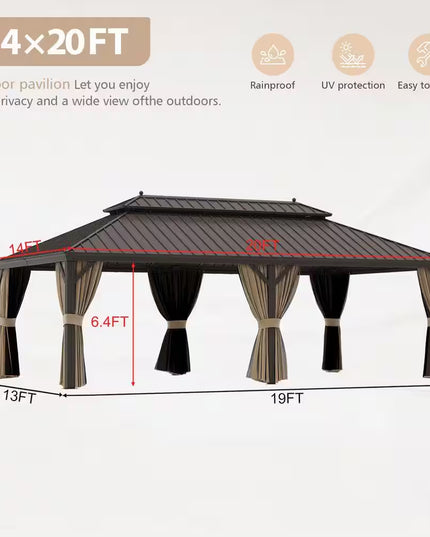 14 Ft. X 20 Ft. Double Galvanized Steel Roof Aluminum Frame Outdoor Patio Hardtop Gazebo with Netting and Curtains
