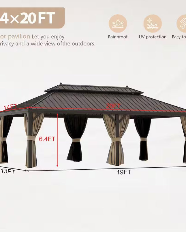 14 Ft. X 20 Ft. Double Galvanized Steel Roof Aluminum Frame Outdoor Patio Hardtop Gazebo with Netting and Curtains