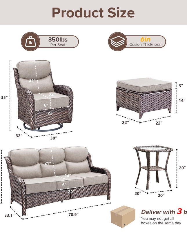 Luxury 6 Pieces Outdoor Patio Furniture Set with Swivel Rocker Chairs 6-Inch Extra Thick Cushions,Sofa Coffee Table,Wicker Conversation Sets for Porch Deck Backyard Poolside