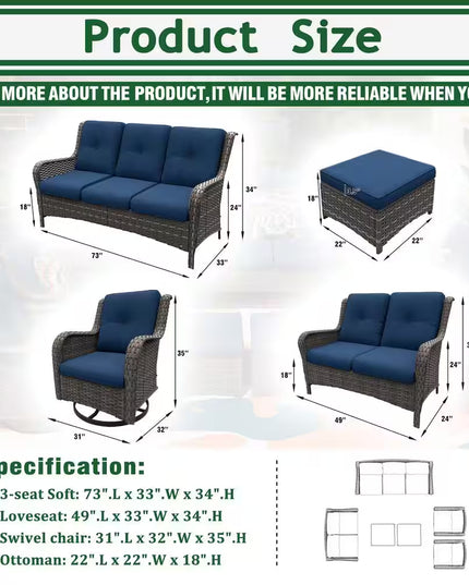 Patio Furniture Set 6-Piece Outdoor Patio Conversation Set with Blue Cushions Lawn Furniture