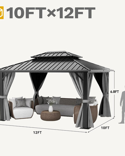 10X12Ft Hardtop Gazebo Double Roof with Nettings and Curtains
