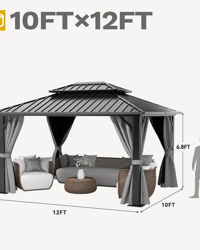 10X12Ft Hardtop Gazebo Double Roof with Nettings and Curtains