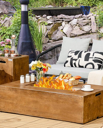 2 Pieces Outdoor Propane Fire Pit Table Set, Patiojoy 48 Inch Rustic 50,000 BTU Rectangular Gas Fire Pit Table with 20 Lbs Tank Side Table, Lava Rocks, Cover for Patio, Garden, Yard
