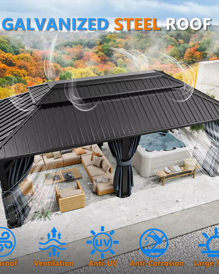 12×20 Hardtop Gazebo with Metal Roof, Heavy Duty Galvanized Steel Gazebo with Reinforced Aluminum Frame, Flame-Resistant Curtain
