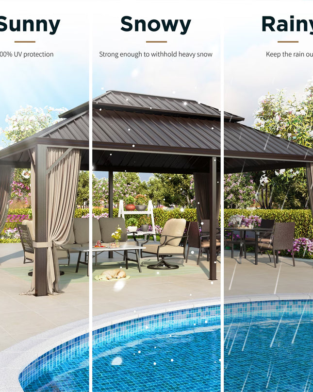 14' X 20' Hardtop Gazebo Aluminum Frame Galvanized Steel Double Roof Patio Gazebo with Netting & Curtains Brown