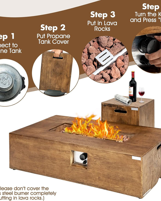 2 Pieces Outdoor Propane Fire Pit Table Set, Patiojoy 48 Inch Rustic 50,000 BTU Rectangular Gas Fire Pit Table with 20 Lbs Tank Side Table, Lava Rocks, Cover for Patio, Garden, Yard