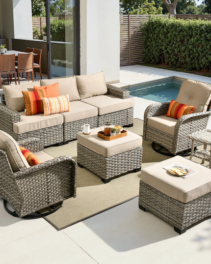 8 Pieces Patio Furniture Set, All Weather Wicker Patio Conversation Set with Swivel Chairs, Outdoor Furniture with Ottoman for Garden, Beige