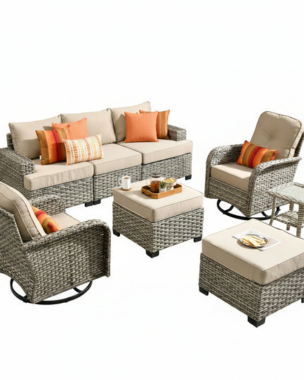 8 Pieces Patio Furniture Set, All Weather Wicker Patio Conversation Set with Swivel Chairs, Outdoor Furniture with Ottoman for Garden, Beige