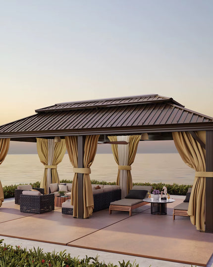 12×20 Hardtop Gazebo with Metal Roof, Heavy Duty Galvanized Steel Gazebo with Reinforced Aluminum Frame, Flame-Resistant Curtain