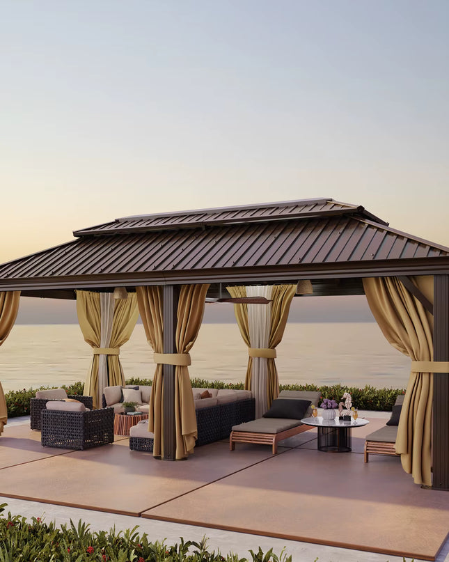 12×20 Hardtop Gazebo with Metal Roof, Heavy Duty Galvanized Steel Gazebo with Reinforced Aluminum Frame, Flame-Resistant Curtain