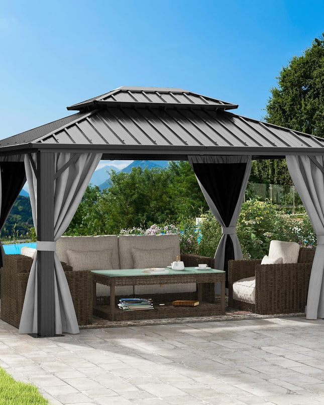 10X12Ft Hardtop Gazebo Double Roof with Nettings and Curtains