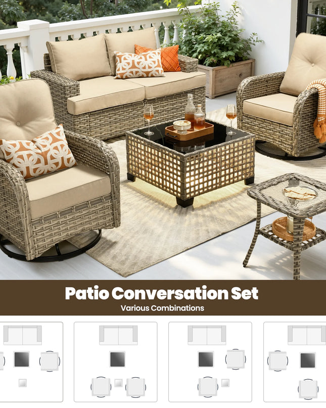 8 Pieces Patio Furniture Set, All Weather Wicker Patio Conversation Set with Swivel Chairs, Outdoor Furniture with Ottoman for Garden, Beige