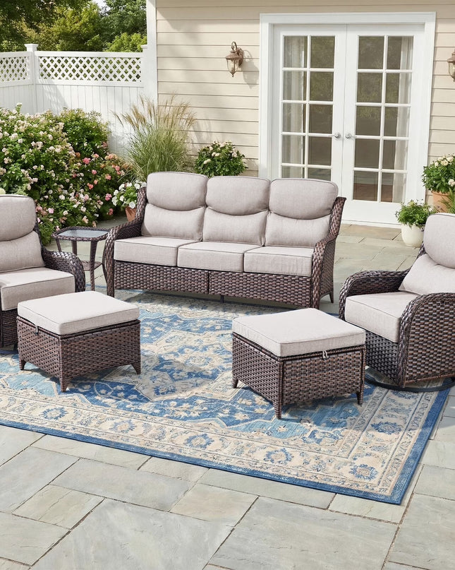 Luxury 6 Pieces Outdoor Patio Furniture Set with Swivel Rocker Chairs 6-Inch Extra Thick Cushions,Sofa Coffee Table,Wicker Conversation Sets for Porch Deck Backyard Poolside