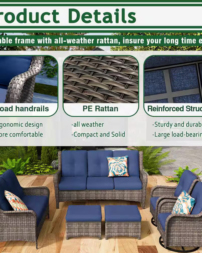 Patio Furniture Set 6-Piece Outdoor Patio Conversation Set with Blue Cushions Lawn Furniture