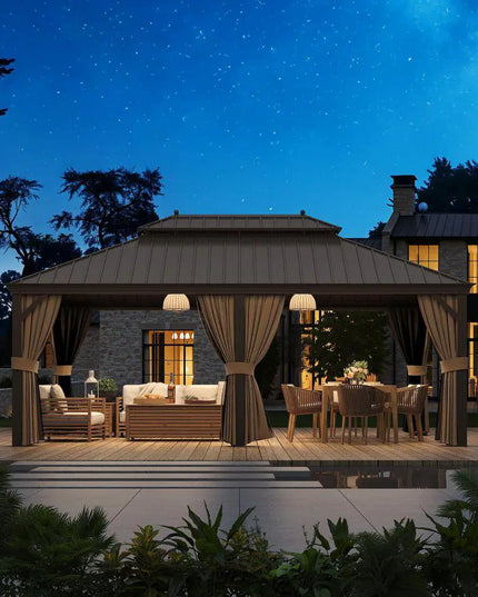 14 Ft. X 20 Ft. Double Galvanized Steel Roof Aluminum Frame Outdoor Patio Hardtop Gazebo with Netting and Curtains