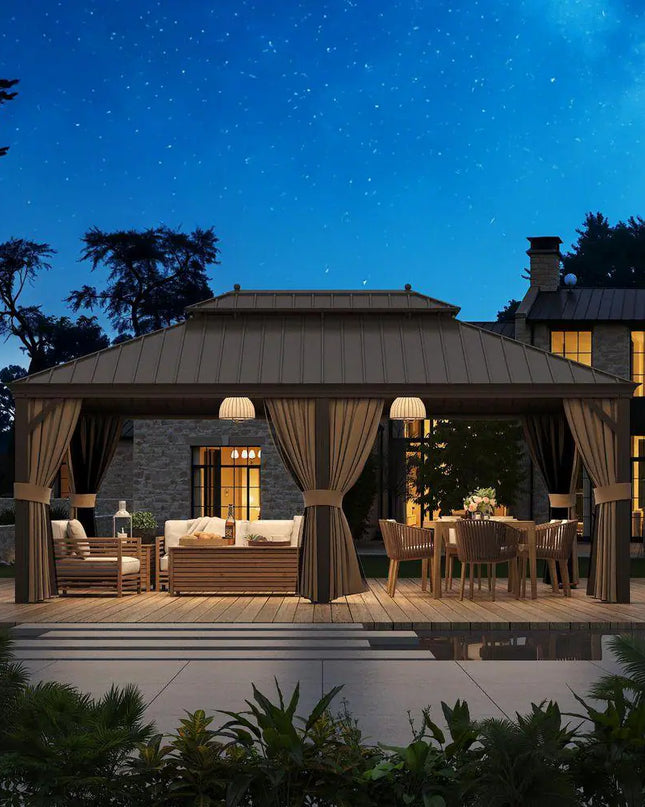 14 Ft. X 20 Ft. Double Galvanized Steel Roof Aluminum Frame Outdoor Patio Hardtop Gazebo with Netting and Curtains