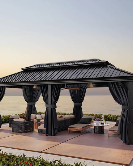 12×20 Hardtop Gazebo with Metal Roof, Heavy Duty Galvanized Steel Gazebo with Reinforced Aluminum Frame, Flame-Resistant Curtain