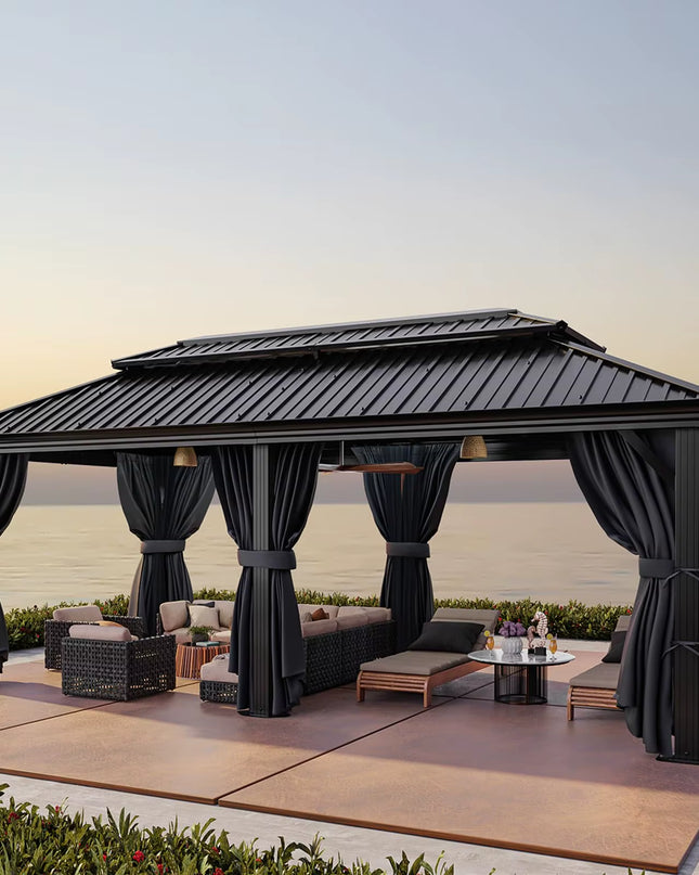 12×20 Hardtop Gazebo with Metal Roof, Heavy Duty Galvanized Steel Gazebo with Reinforced Aluminum Frame, Flame-Resistant Curtain