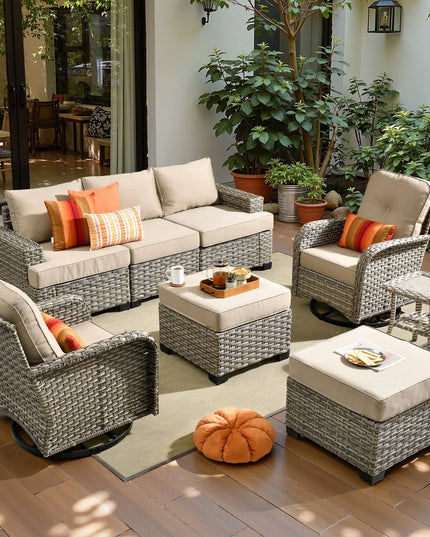 8 Pieces Patio Furniture Set, All Weather Wicker Patio Conversation Set with Swivel Chairs, Outdoor Furniture with Ottoman for Garden, Beige