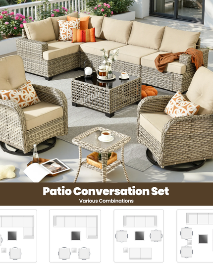 9 Pieces Patio Furniture Set outside Furniture Wicker Patio Conversation Set with Swivel Chairs, Outdoor Furniture for Garden, Beige