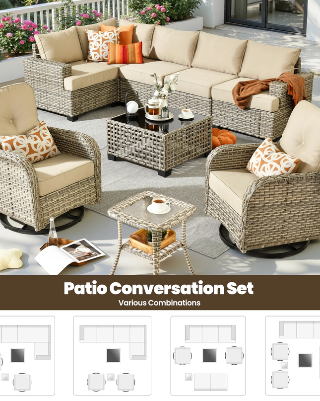 9 Pieces Patio Furniture Set outside Furniture Wicker Patio Conversation Set with Swivel Chairs, Outdoor Furniture for Garden, Beige