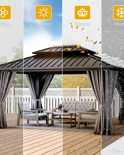 10X12Ft Hardtop Gazebo Double Roof with Nettings and Curtains