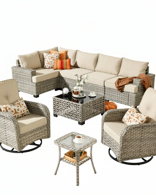 9 Pieces Patio Furniture Set outside Furniture Wicker Patio Conversation Set with Swivel Chairs, Outdoor Furniture for Garden, Beige