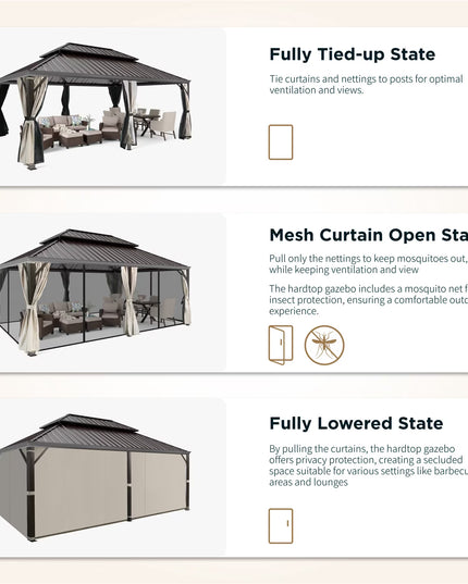 14' X 20' Hardtop Gazebo Aluminum Frame Galvanized Steel Double Roof Patio Gazebo with Netting & Curtains Brown