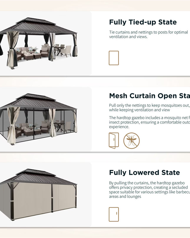 14' X 20' Hardtop Gazebo Aluminum Frame Galvanized Steel Double Roof Patio Gazebo with Netting & Curtains Brown