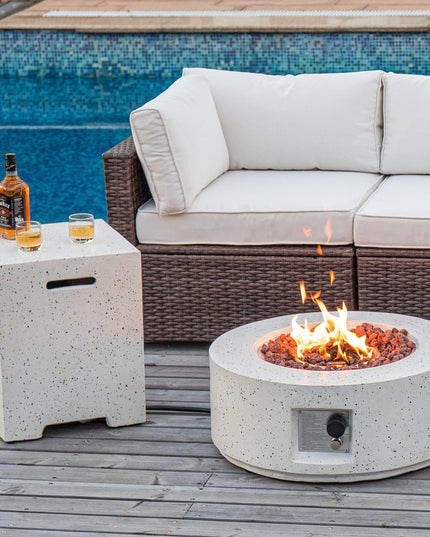 2-Piece Outdoor Fire Pit Table Set W Tank Table, 28" Terrazzo round Fire Table (Certified, 40,000 BTU) W 16" Tank Cover Side Table 20Lb, Waterproof Cover for Garden, Pool, Backyard