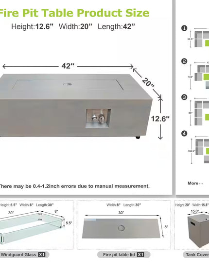 50000 BTU Coating Steel Propane Fire Pit Table in Gray Rectangular Modern Outdoor Gas Fire Table with Tank Holder